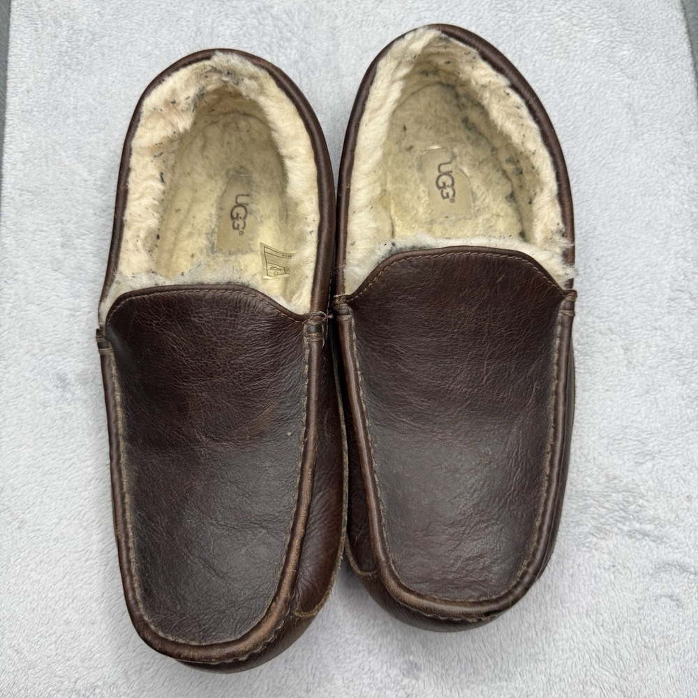 UGG Ascot Brown Leather Comfort Indoor Moccasin Loafers Slipper Men's Size 10